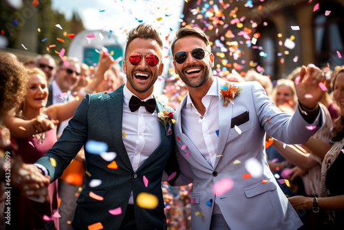 Homosexual men couple celebrating their own wedding - lbgt couple after wedding ceremony  generative ai