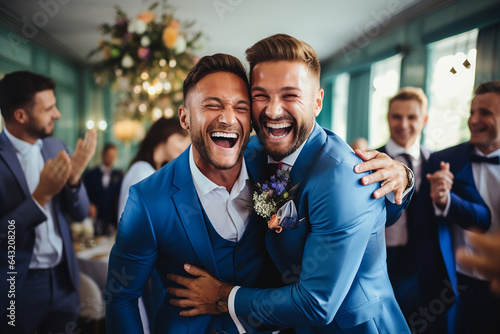 Homosexual men couple celebrating their own wedding - lbgt couple after wedding ceremony, generative ai