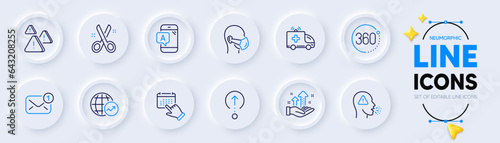 Event click, Cough and Ambulance car line icons for web app. Pack of Attention, Medical mask, Ab testing pictogram icons. New message, Cut, Analysis graph signs. 360 degrees. Vector