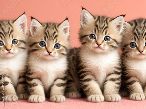 There are four kittens sitting on a table together looking at the camera  © designerusman1