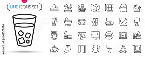 Pack of Tea cup, Furniture moving and Mattress line icons. Include Furniture, Dresser, Open door pictogram icons. Teapot, Night mattress, Fireplace signs. Tea, Street light, Floor plan. Vector