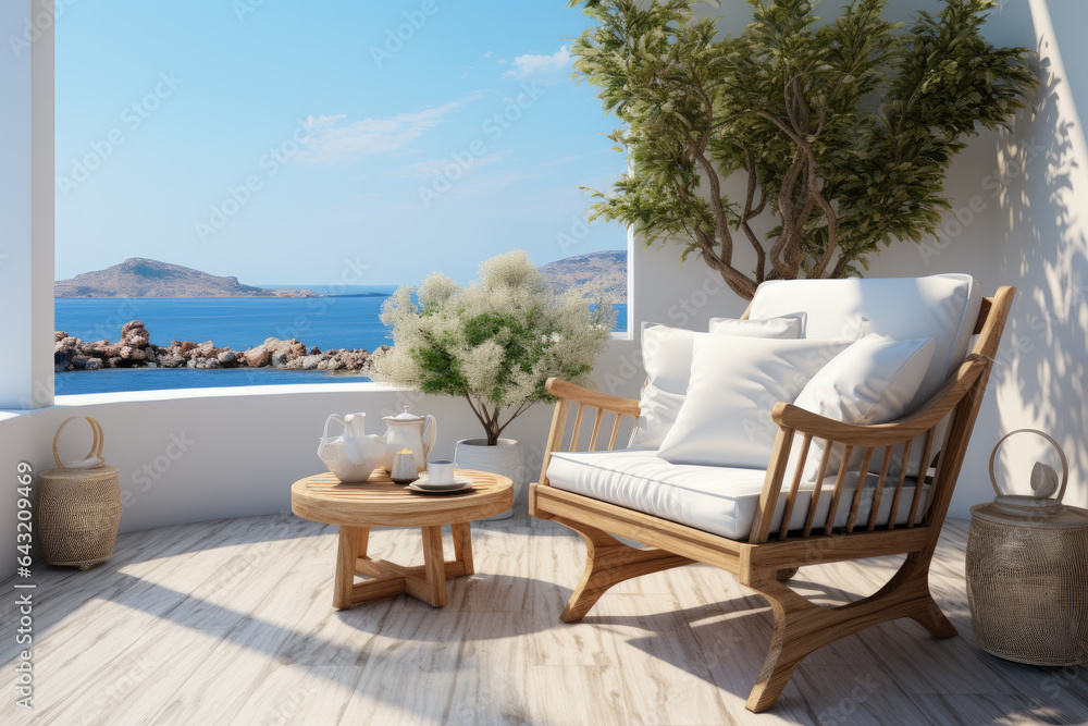 Fototapeta premium Veranda decorated with deck chairs and umbrella with an ocean view