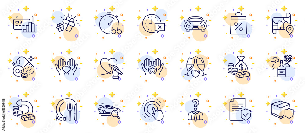 Outline set of Hold heart, Time and Calories line icons for web app. Include Money, Car, Social care pictogram icons. Shopping bag, Timer, Cobalt mineral signs. Hiring employees, Map, Gift. Vector Outline set of Hold heart, Time and Calories line icons for web app. Include Money, Car, Social care pictogram icons. Shopping bag, Timer, Cobalt mineral signs. Hiring employees, Map, Gift. Vector