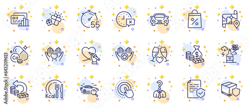 Outline set of Hold heart, Time and Calories line icons for web app. Include Money, Car, Social care pictogram icons. Shopping bag, Timer, Cobalt mineral signs. Hiring employees, Map, Gift. Vector
