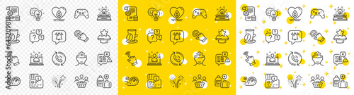 Outline Fireworks, Typewriter and Notification bubble line icons pack for web with Settings blueprint, Add handbag, Question bubbles line icon. Gamepad, Winner podium. Vector