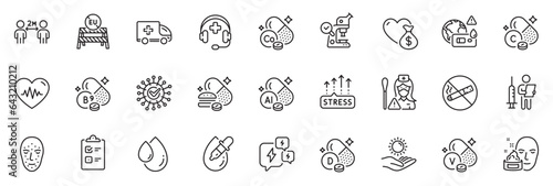 Icons pack as Vitamin d, Eye drops and Medical support line icons for app include Donation, Face cream, Microscope outline thin icon web set. Cobalt mineral, Coronavirus. Vector