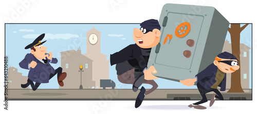 Policeman chase thieves with safe. Illustration for internet and mobile website.