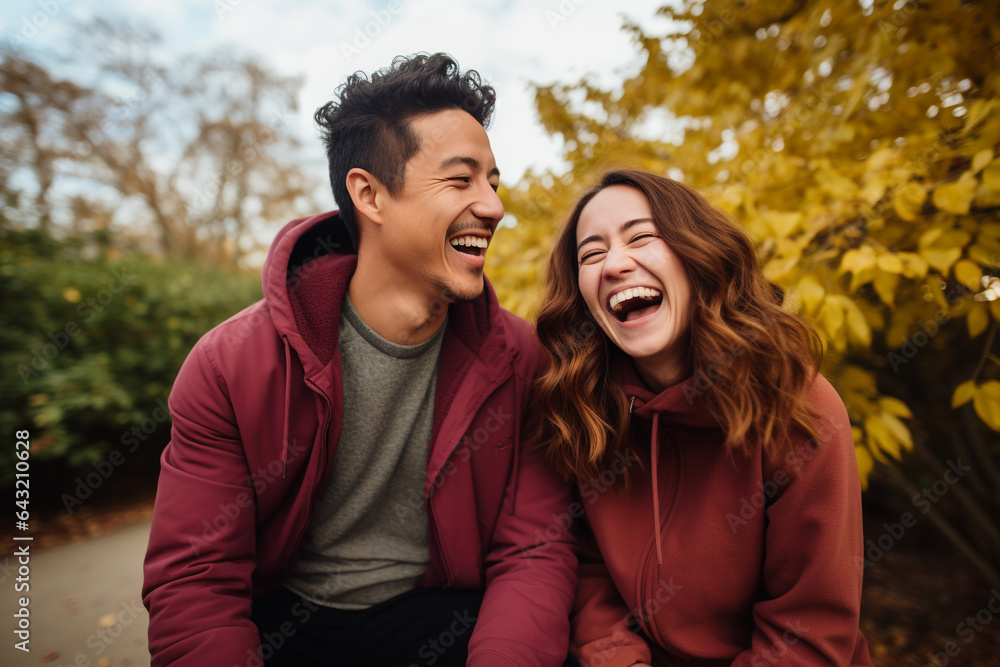 Lifestyles, relationship and multicultural concept. Happy young and beautiful couple walking and laughing in public park. Joyful mood. Outdoors park and nature in background. Generative AI Lifestyles, relationship and multicultural concept. Happy young and beautiful couple walking and laughing in public park. Joyful mood. Outdoors park and nature in background. Generative AI