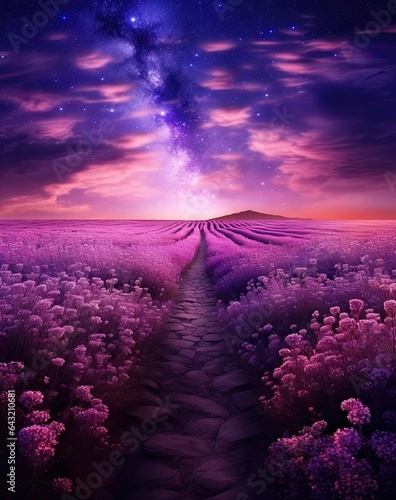 a field with purple flowers and the milky in the sky  as if it s going to be beautiful