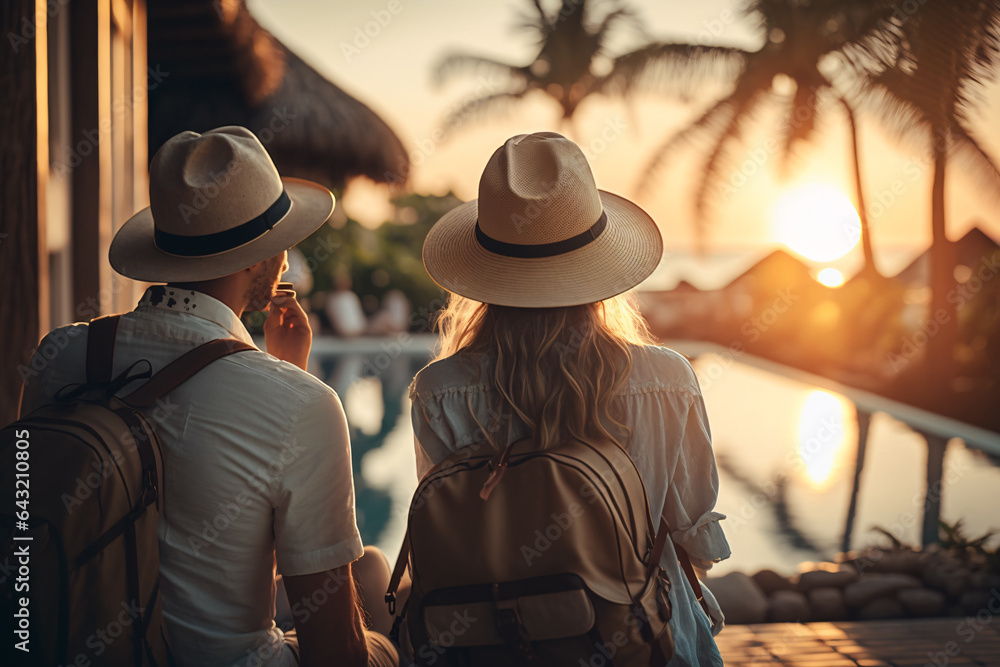 Young couple traveler relaxing and enjoying the sunset by a tropical resort pool Young couple traveler relaxing and enjoying the sunset by a tropical resort pool