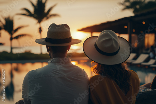 Young couple traveler relaxing and enjoying the sunset by a tropical resort pool while traveling for summer vacation