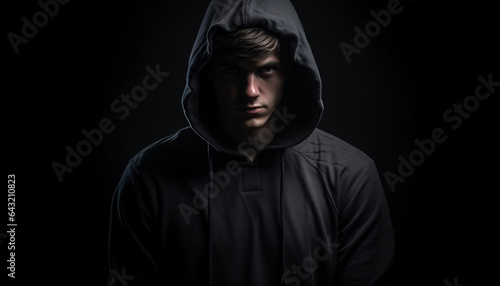 Young man man in hoodie on a dark background