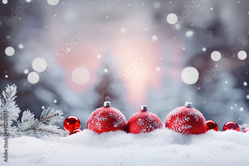 Christmas holiday background with gifts and decorations on snow with fir branches on bokeh winter background, Merry Xmas concept, generative ai