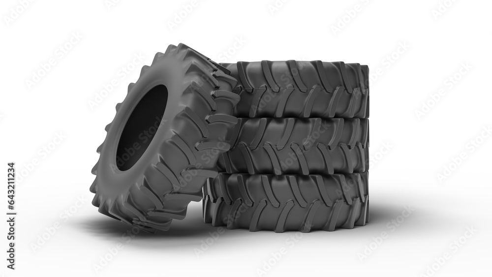 3d rendering of isolated pile of tractor tires, with copy space, on white background. 3d rendering of isolated pile of tractor tires, with copy space, on white background.