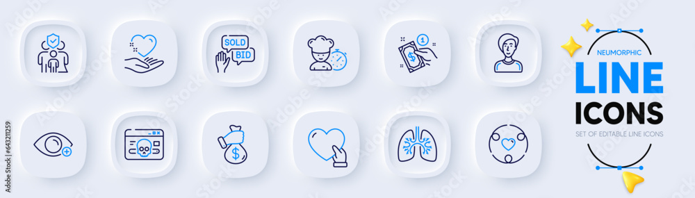 Lungs, Farsightedness and Chef line icons for web app. Pack of Bid offer, Inclusion, Volunteer pictogram icons. Cyber attack, Hold heart, Businesswoman person signs. Payment method. Vector Lungs, Farsightedness and Chef line icons for web app. Pack of Bid offer, Inclusion, Volunteer pictogram icons. Cyber attack, Hold heart, Businesswoman person signs. Payment method. Vector