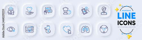Lungs, Farsightedness and Chef line icons for web app. Pack of Bid offer, Inclusion, Volunteer pictogram icons. Cyber attack, Hold heart, Businesswoman person signs. Payment method. Vector