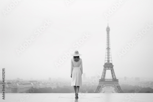 Beauty, fashion and style concept. Minimalist woman model portrait in Paris city landscape background. Foggy city with Eiffel tower in background. Black and white image. Generative AI © Rytis