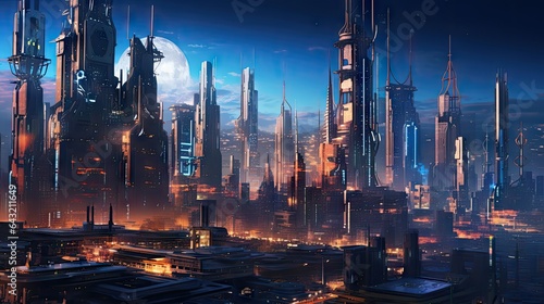 a futuristic city at night with lights shining on the buildings and skyscrapers in the fore - part of the scene