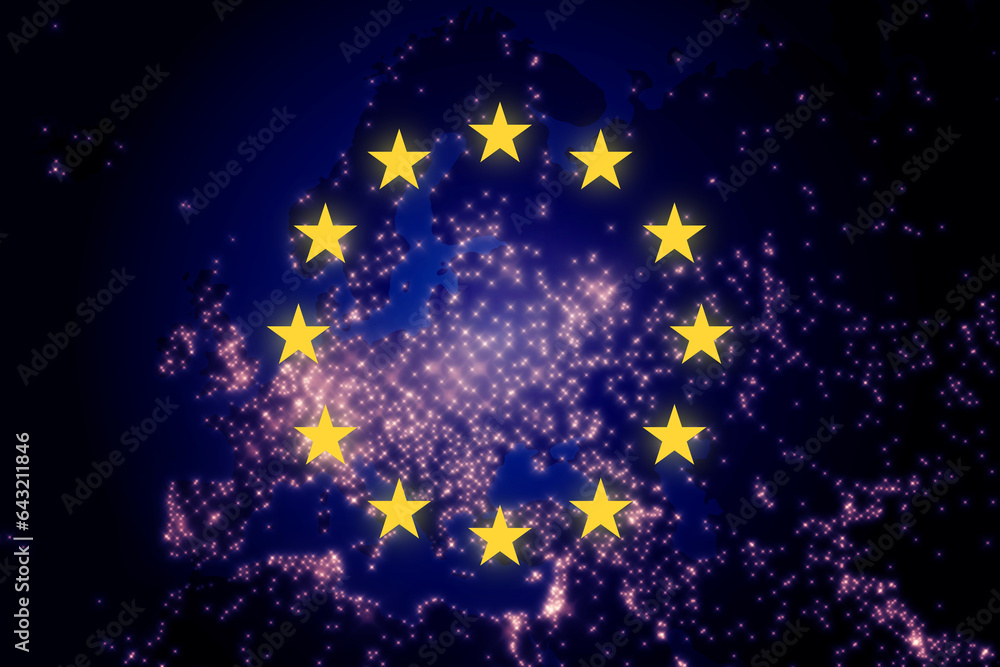 Europe night map. illustration of cities lights from space at night. Satellite view. Dark map