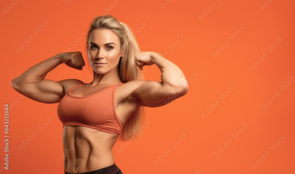 Beautiful fitness woman slim tanned body isolated on orange background Beautiful fitness woman slim tanned body isolated on orange background