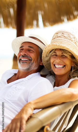 Mature couple  relaxing on a tropical beach. Concept of traveling seniors  having fun and relaxing. Shallow field of view.