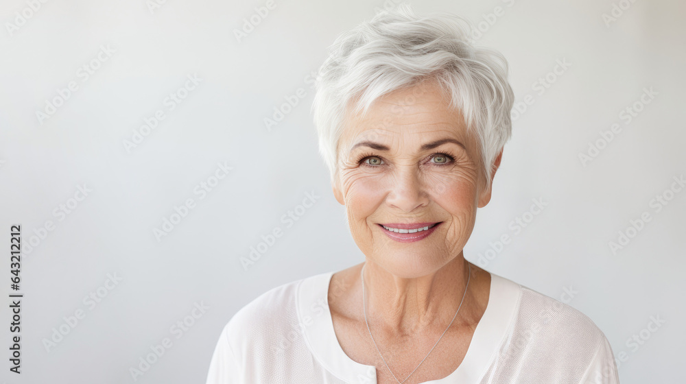 French woman in 70s, white hair, white background French woman in 70s, white hair, white background