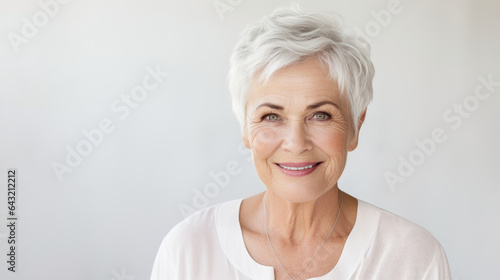 French woman in 70s, white hair, white background photo