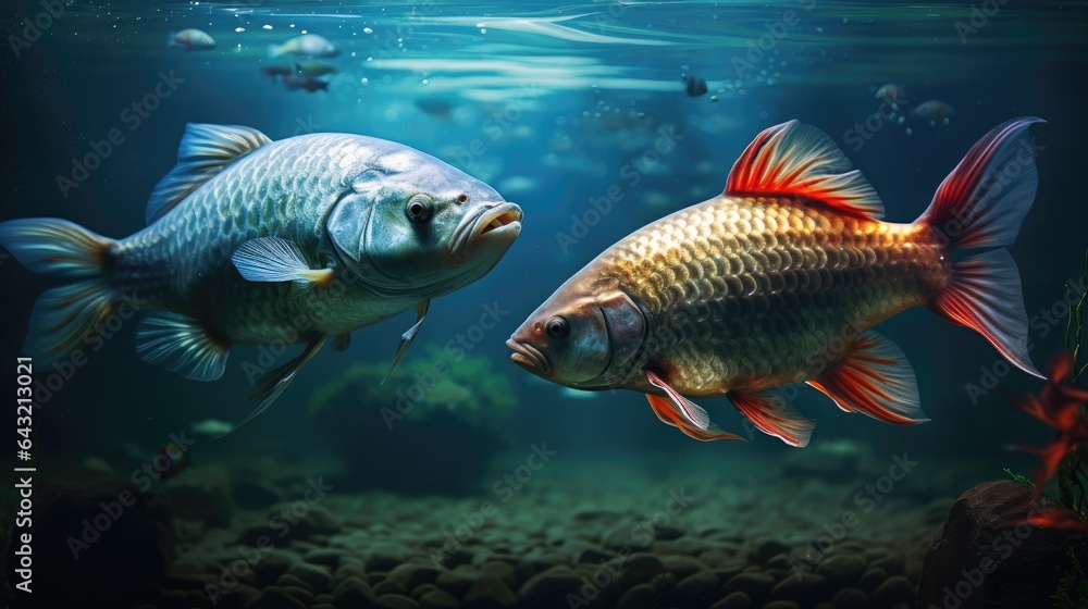 A couple of fish swimming next to each other. Generative AI. A couple of fish swimming next to each other. Generative AI.