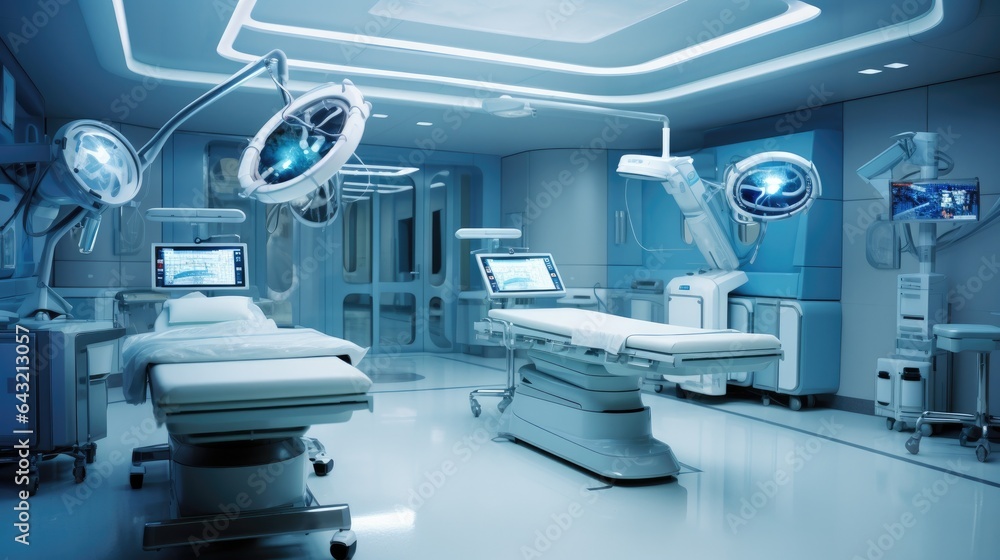 A hospital room with modern medical equipment in it. Generative AI.