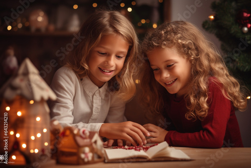 Christmas and New Year holidays concept. Children enjoy magical moment of Christmas eve and holidays. Generative AI