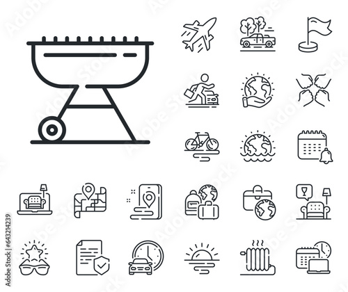 Barbecue cooker for cooking food sign. Plane jet, travel map and baggage claim outline icons. Grill line icon. Meat brazier symbol. Grill line sign. Car rental, taxi transport icon. Vector