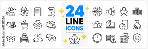 Icons set of Usa close borders, Donation and Cash line icons pack for app with Mental conundrum, Fuel price, Loud sound thin outline icon. Food delivery, Instruction manual, Time pictogram. Vector