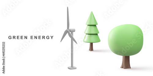 3d realistic Wind Turbines and trees. Green Energy. Clean Energy. Vector illustration.