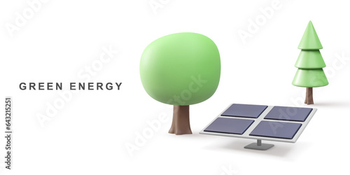 3d realistic Solar Panel energy and trees. Green Energy. Clean Energy. Vector illustration.