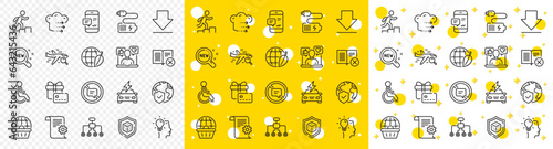 Outline Technical documentation, Online shopping and Smartphone notification line icons pack for web with Social media, World insurance, Downloading line icon. Search flight, Idea. Vector