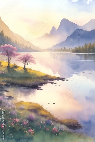 Morning sunset on the higland lake. AI generated illustration