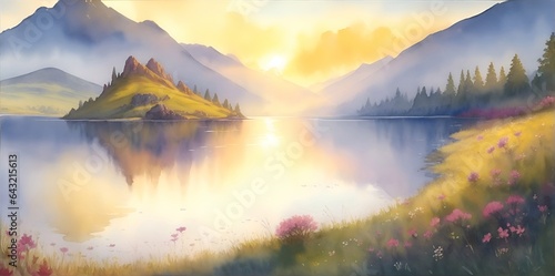 Morning sunset on the higland lake. AI generated illustration photo
