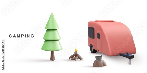 3d realistic banner concept - camping. Vector illustration.
