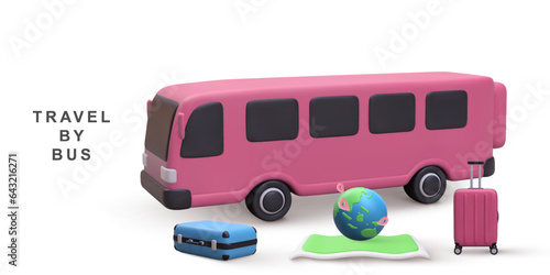 3d realistic banner bus travel time on white background. Vector illustration.