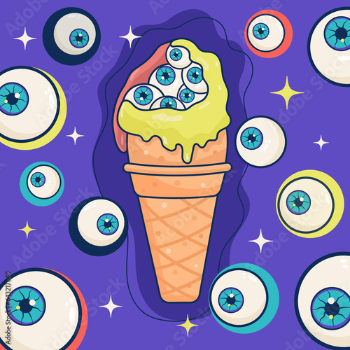 Poster with an image of an ice cream with an eye filling and a multi-colored topping