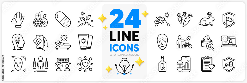 Icons set of Orange juice, Lounger and Mental health line icons pack for app with Capsule pill, Coronavirus injections, Grow plant thin outline icon. Difficult stress, Eco bike. Vector
