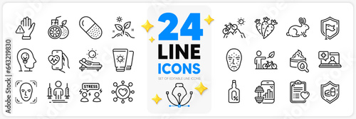 Icons set of Orange juice, Lounger and Mental health line icons pack for app with Capsule pill, Coronavirus injections, Grow plant thin outline icon. Difficult stress, Eco bike. Vector