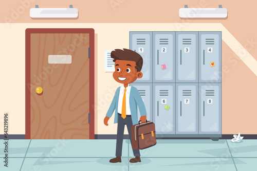 the student in the school corridor goes to the classroom. flat vector illustration.