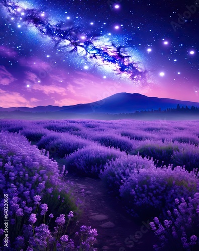 the night sky with stars and purple flowers in front of a mountain range, as if you want to see it