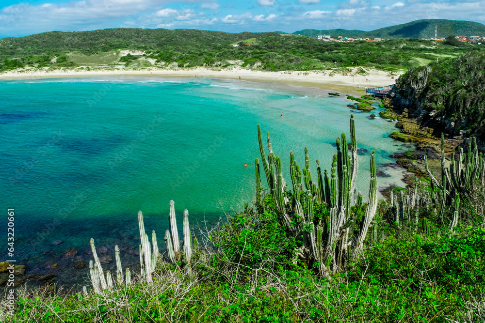 Top view of the beautiful beach of Conchas, close to the city of Cabo Frio, with white sand beaches, vegetation around, sea with clean waters and in shades - 125