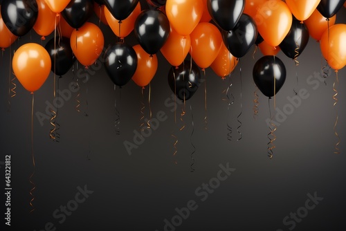 Black and orange balloons on grey background, halloween or birthday party