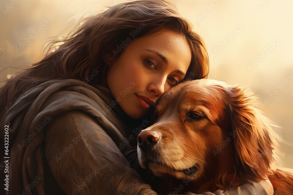 Beautiful young woman hugging her dog at sunset, motherly love, love and affection of pet, dog lover, loyalty and comfort