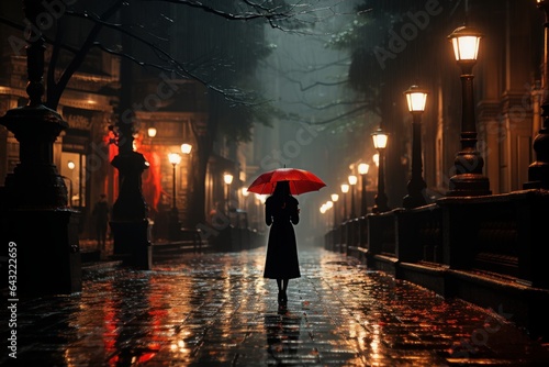 beautiful woman one rainy night with a red umbrella