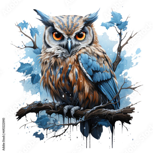 A poetic owl t-shirt design, portraying the owl as a poetic muse, perched on an ancient tree branch, Generative Ai