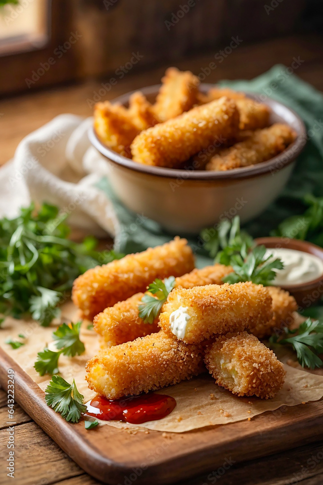 Appetizing fried mozzarella cheese in breadcrumbs in the kitchen Appetizing fried mozzarella cheese in breadcrumbs in the kitchen